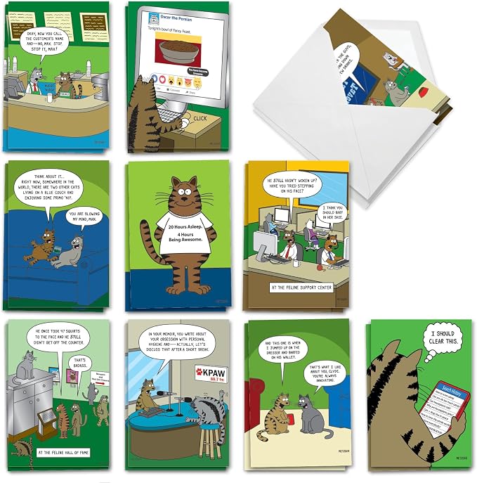 NobleWorks 20 Assorted Box Set Funny Birthday Greeting Cards w/ 5 x 7 Envelopes For Men Women (10x2 Designs) Scott Metzger's Cat Toons AC2696BDG-B2x10