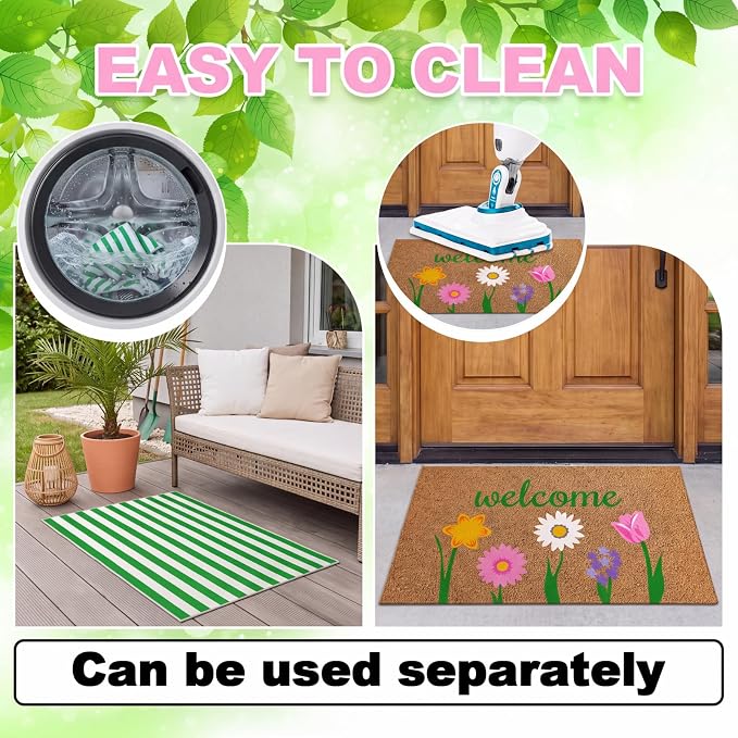 Moucuny 2 Pcs Spring Coir Doormat Outdoor Flower Welcome Outdoor Rug Front Porch Mats Layered Green and White Stripe Rugs for Spring Front Porch Entryway Decor