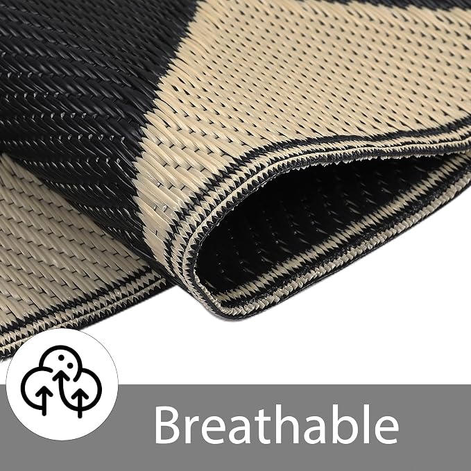 GarveeLife 8x10 Outdoor Rug for Patio Reversible, Plastic Straw Rug Waterproof Camping Rug Portable, Foldable Lightweight Mat for RV, Patio, Backyard, Deck, Picnic, Beach (Black/Offee)