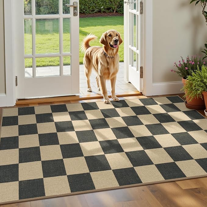 Lessymo Checkered Entryway Rug, 3x5 Washable Area Rugs for Living Room | Easy Jute Carpet for Outdoor Patio, Non Slip Indoor Door Mat for Entry Front Door Guestroom Deck, Diamond Black/Beige