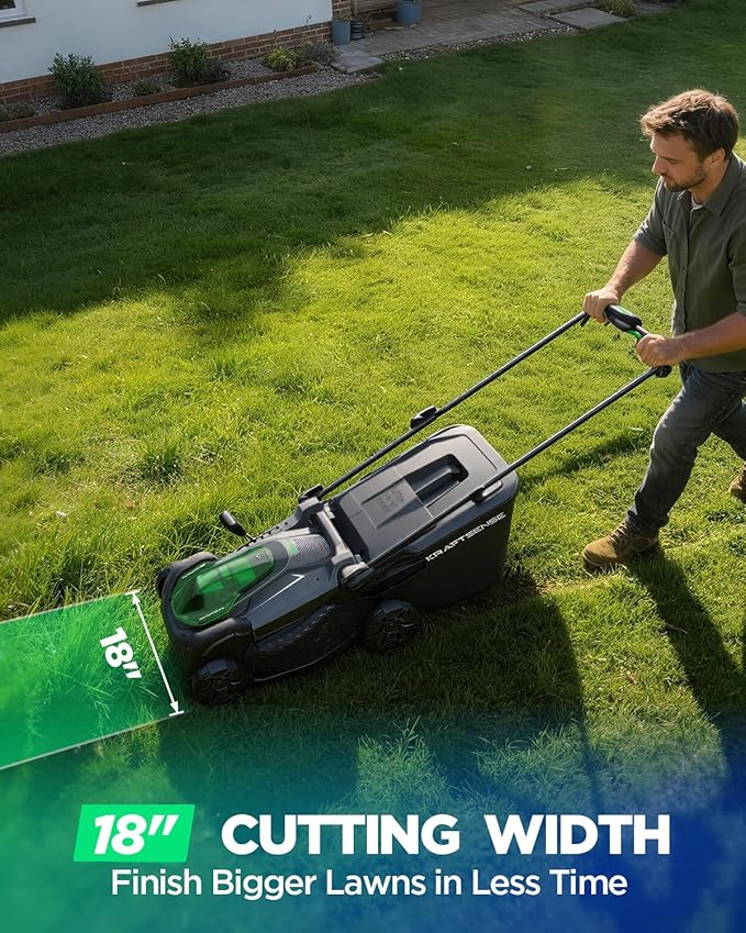 18" 40V Brushless Cordless Electric Lawn Mower | Includes Two 20V 8.0Ah Batteries & Charger, 6-Level Height Adjustment (25mm-75mm), 50L Collection Bag, and 2 Spare Blades