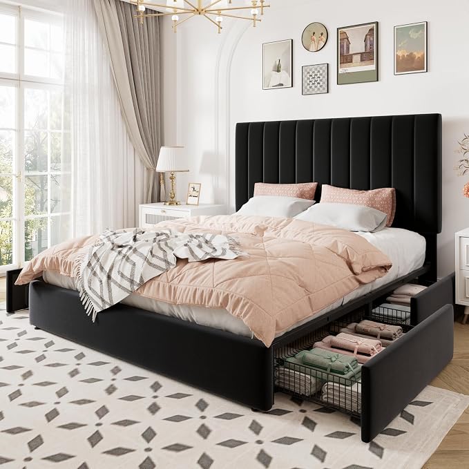 Allewie Queen Size Storage Bed Frame, Vertical Channel Tufted Adjustable Headboard, Velvet Upholstered Platform Bed with 4 Oversized Underbed Drawers, Wooden Slats Support, No Box Spring Needed, Black