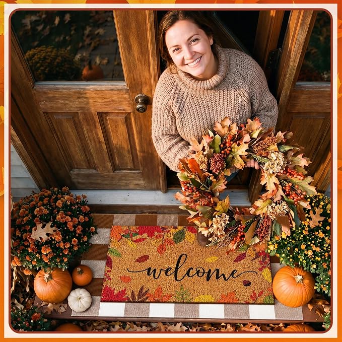 Moucuny 2 Pcs Fall Doormat Outdoor Maple Leaf Coir Welcome Mat 16'' x 28'', Layered Brown White Plaid Rug 24'' x 35'' for Fall Autumn Front Porch Entryway Entrance Decor