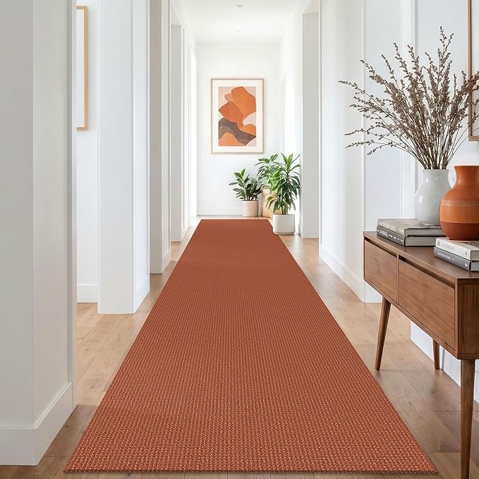 IOHOUZE Washable Exrea Long Hallway Runner Rug 3x16 Non Slip Rubber Backed Kitchen Runner Entryway Runner Indoor, Woven Rugs Floor Carpet for Kitchen Hall Entryway, Burnt Orange/Tan