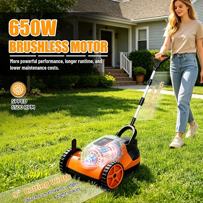 Mini Cordless Lawn Mower, 9 Inch Electric Grass Cutter | Brushless Motor, 2 x 21V 4.0Ah Batteries, 3 Adjustable Cutting Heights, Lightweight Push Mower for Small Yard & Garden