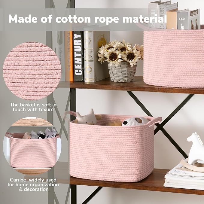 Goodpick Cotton Rope Storage Basket for Gifts, 13" x 10" x 9", Pink | Toy, Book & Baby Essentials Storage, Nursery & Closet Organization, Reinforced Handles, Stylish Home Decor