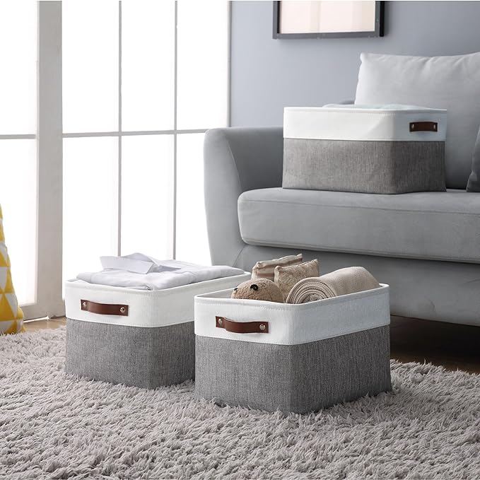 DECOMOMO Storage Bins, Large Fabric Storage Baskets for Shelves 3 Pack | 15 x 11 x 9.5 inches Decorative Linen Closet Organizers (Grey & White)