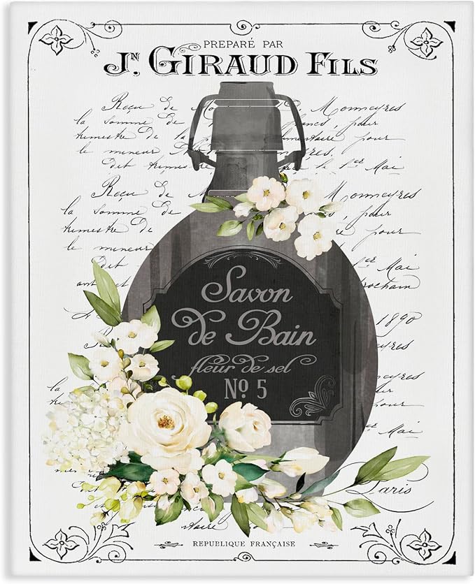 Vintage French Bath Soap Floral Print, 30 x 40 Inch Canvas Wall Art | Stupell Industries · By Lettered and Lined · Ready to hang · Elegant bath and laundry decor · Made in USA