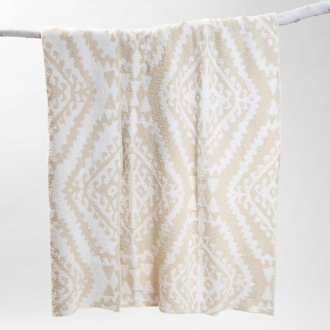 Carstens, Inc. Luxury Soft Stretchy Reversible Plush Throw Blanket, Large 50" x 60", Beige Moroccan