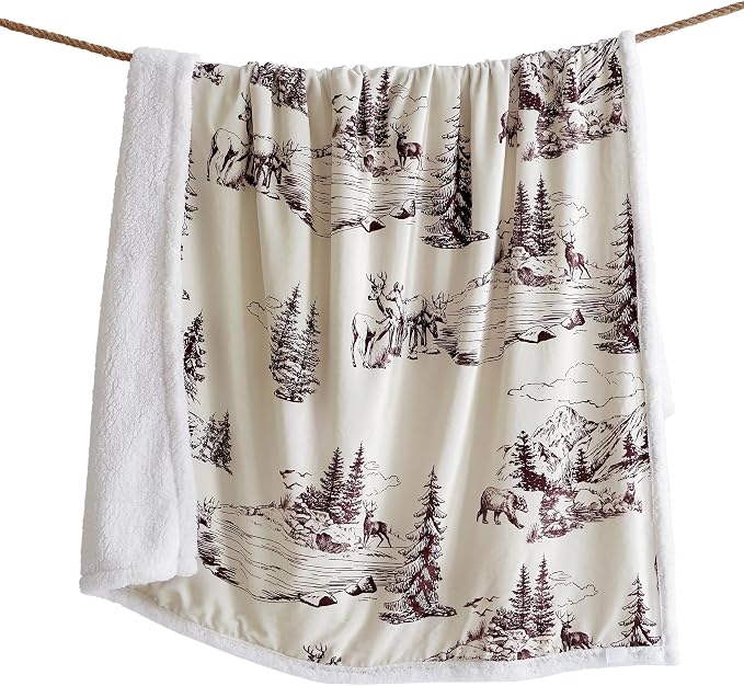 Paseo Road Indigo Hill by HiEnd Accents White Pine 54x68 Throw Blanket | Pine Tree Nature Mountain Print with Bear, Deer, and Elk, Western Cabin Lodge Rustic-Style Fleece Blanket for Camping