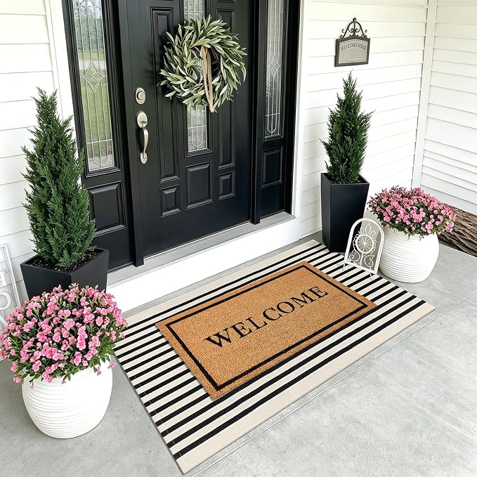 KOZYFLY 3'x5' Cotton Area Rug, Black and Beige Striped Outdoor Rug, Hand-Woven, Machine Washable, Perfect for Front Door, Kitchen, Living Room