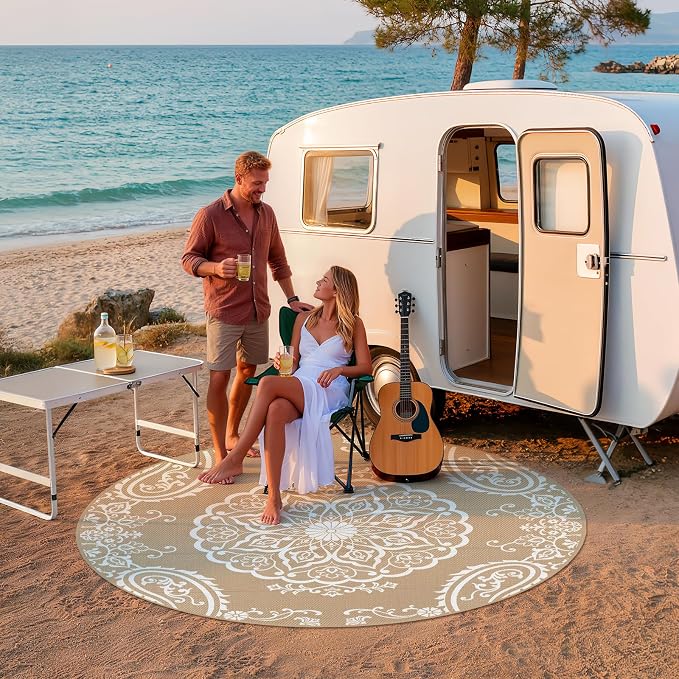 Pauwer Outdoor Rug 8ft, Waterproof Plastic Straw Camping Rug, Boho Brown | Reversible Patio Rug, UV Resistant Indoor Outdoor RV Mat Carpet For Deck, Camper, Porch, Balcony, Backyard, Picnic, Foldable