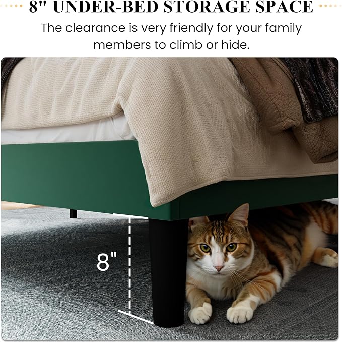 SHA CERLIN Full Size Velvet Bed Frame, Tufted Wingback Headboard, Green | 47'' Modern Vertical Channel Headboard, Upholstered Platform Bed, Wood Slats, No Box Spring Needed, Easy Assembly, Noise Free