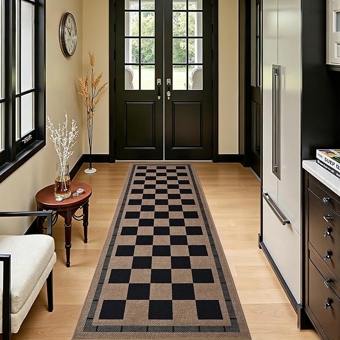 2.5x8 Jute Checkered Runner Rugs, Outdoor Runner Rug, Hallway Runner Rug | Washable Patio Porch Balcony Runners Indoor Bedroom Kitchen Laundry Mat, Non Slip Plaid Farmhouse Carpet, Black and Brown