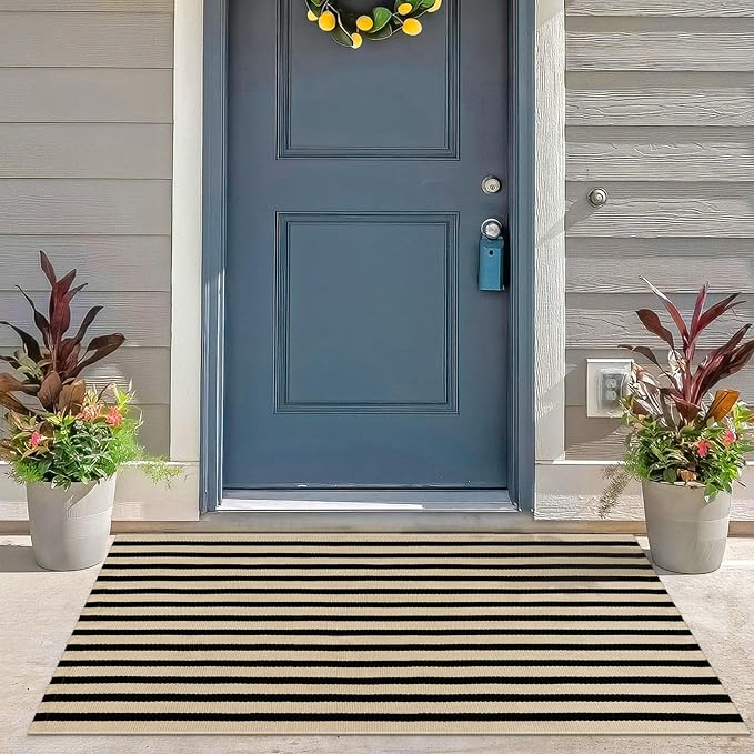 KIMODE Front Door Mats 24"x51", Machine Washable Farmhouse Fall Front Porch Rug Decor, Striped Layered Door Mats Outdoor, Cotton Hand Woven Entryway Rug for Entry, Doorway, Kitchen Black and Khaki