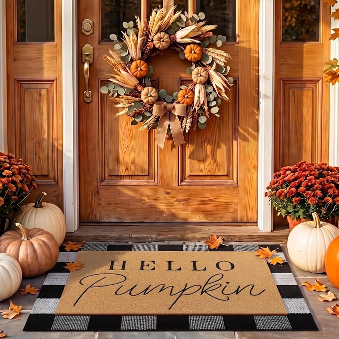 Tinideya 2 Pcs Door Mat Welcome Non Slip Coir Mats Floor Layering Doormats Seasonal for Front Porch Entryway Decor(Black White Plaid)