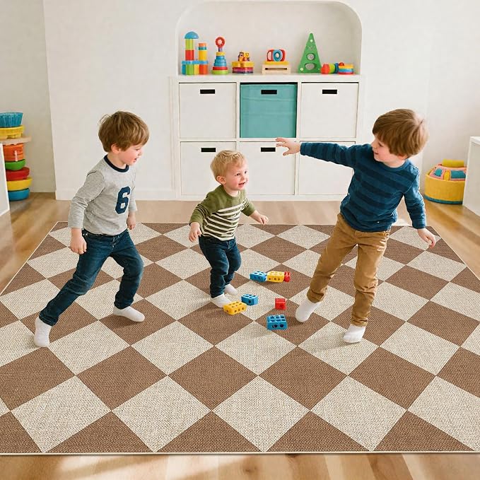 GarveeHome Easy Jute Area Rugs 6x9 for Living Room Non-Slip Backing Checkered Rugs Machine Washable Modern Indoor Outdoor Carpets for Dining Room Nursery Patio Bedroom Backyard Camping Brown