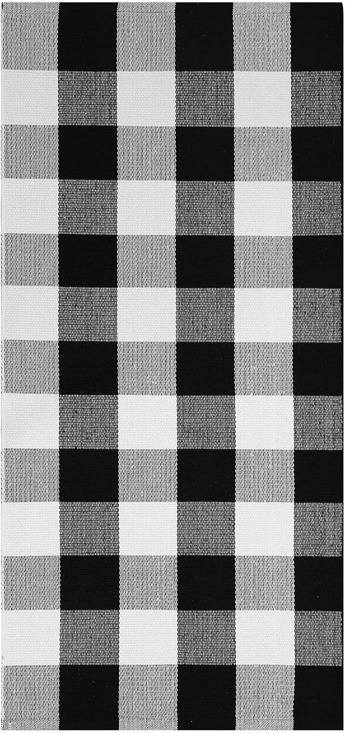KOZYFLY Buffalo Plaid Area Rugs 2x4.3 Ft Black and White Rug Washable Front Door Mat Woven Cotton Indoor Outdoor Rug for Front Porch Kitchen Entryway Patio Farmhouse Checkered Doormat