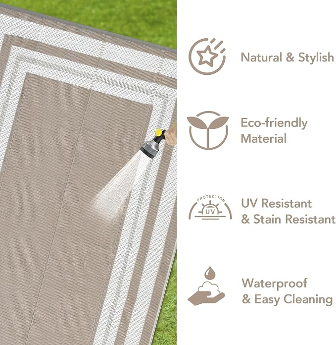 Reversible Outdoor Rug 10x14ft Waterproof Lightweight Plastic Straw Patio Carpet Easy Clean Perfect for Porch RV Deck Picnic Backyard Camping Gray/White