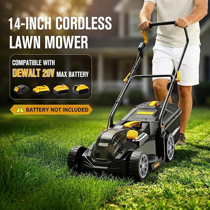 HEINPRO Cordless Lawn Mower Compatible with Dewalt 20V MAX Battery | 14", 2-in-1 Brushless Electric Lawn Mower for Small Yards, Push Mowers with 5-Position Height Adjustment, Black (Tool Only)