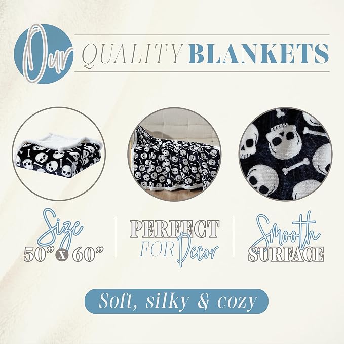 Elegant Comfort Luxury Halloween Sherpa Throw Blanket Ultra-Soft Cozy Velvet Fall Fleece Throw - Micromink Sherpa-Cute Birthday Gift for Boys Kids, Sherpa Reversible Blanket- Skulls and Bones