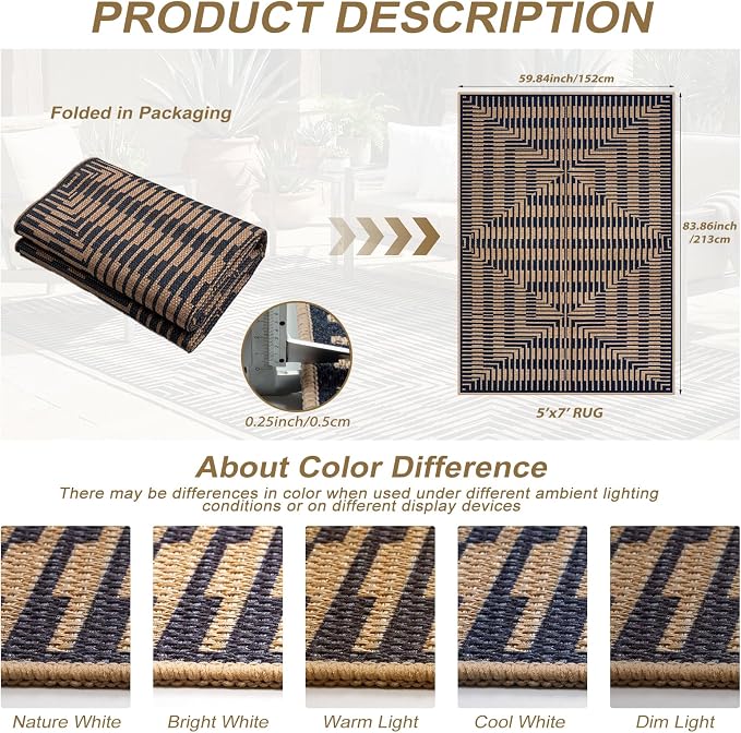 LIVEBOX Easy Jute Outdoor Rug 5x7, Washable Non Slip Area Rug, Farmhouse Striped Carpet for Patio, Dining Room, Backyard (Dark Blue)