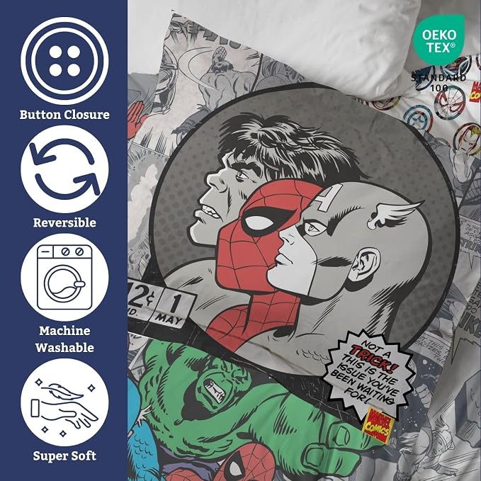 Jay Franco Kids Duvet Cover Set – 3 Piece Super Soft Bedding with Sham Pillowcase, Cover ONLY Comforter Not Included, Grey - Marvel Comics, Full