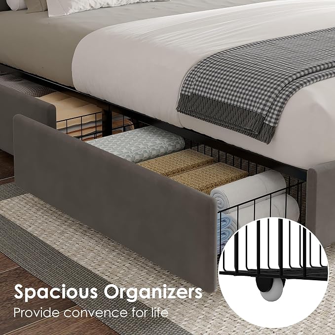VECELO Queen Size Upholstered Bed Frame with 4 Storage Drawers, Adjustable Velvet Rivet Decor Headboard, Wooden Slats Platform Support, No Box Spring Needed, Easy Assembly,Dark Grey