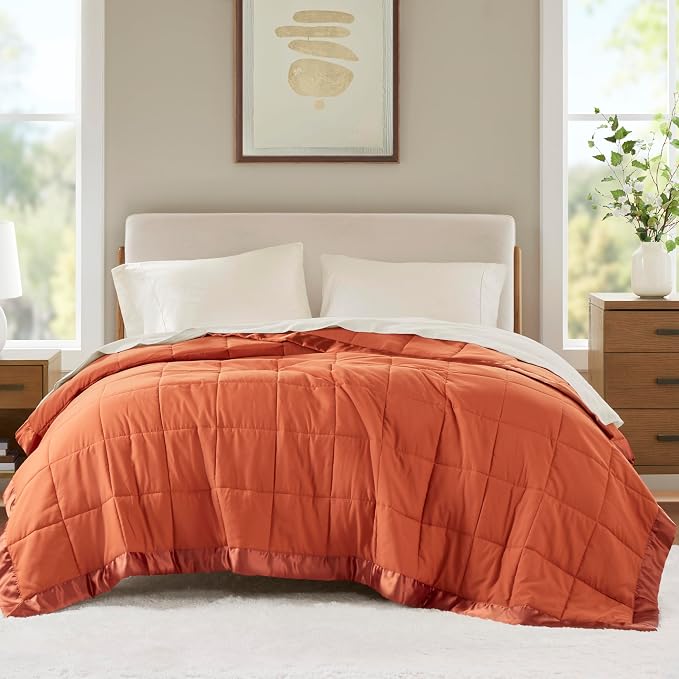 Madison Park Down Alternative King Size Blanket for Bed, Satin Trim, Orange | Lightweight Windom Blanket Premium 3M Scotchgard Moisture Wicking Treatment, OEKO TEX, Soft Bed Cover, All Season