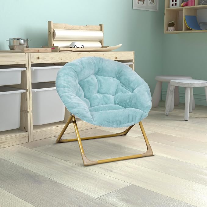 Flash Furniture Kids 23 Inch Folding Saucer Chair, Dusty Aqua | Soft Gold Frame, Portable