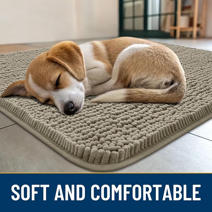 Smiry Dog Door Mat for Muddy Paws 30x20, Absorbent Dirt Trapper, Non-Slip Washable Chenille Entryway Rug for Inside Floor, Warm Taupe, Classic Solid