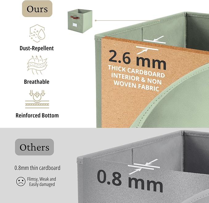 DECOMOMO Storage Bins, Cube Storage Bin with Labels | 10.5" x 11" Fabric Storage Cubes for Shelves (6pcs, Sage Green)