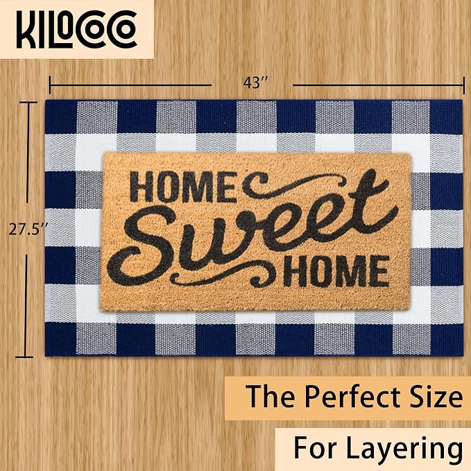 KILOCOCO Buffalo Plaid Checkered Rug 27.5x43 in Blue White Front Door Rug | Cotton Woven Outdoor Rug, Machine Washable Front Door Mat, Indoor Entryway Rug, Low Pile Welcome Mats for Farmhouse