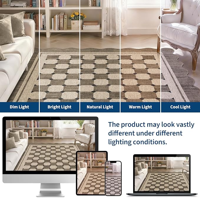 Garvee Scalloped Easy Jute 5x7 Outdoor Patio Rug, Washable Modern Boho Rugs for Living Room, Non-Slip Farmhouse Checkered Outdoor Mat Neutral Floor Carpet for Patio Dining Room Backyard 5'x7'