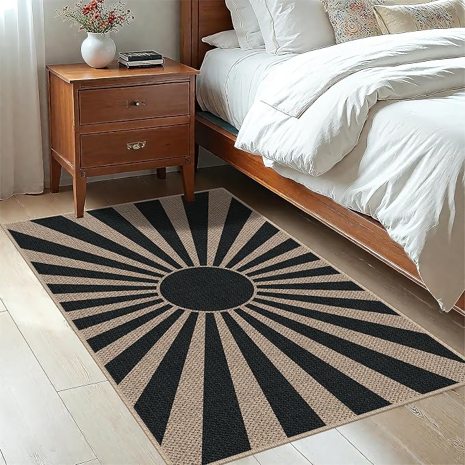 Easy Jute 3x5 Black Sun Area Rug,Washable Entryway Rug, Modern Boho Door Carpet,Neutral Non-Slip Outdoor Indoor Farmhouse Rug for Living Room Kitchen Patio Bedroom