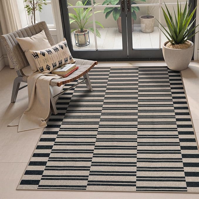 Lahome Striped Easy Jute Outdoor Patio Rug, 3x5 Washable Rugs for Porch | Indoor Living Room Area Rugs Non Slip Black, Modern Farmhouse Neutral Carpet for Entryway Backyard Bedroom Rv