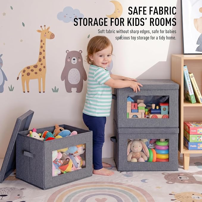4-Pack Large Storage Bins with Lids & Clear Window, Foldable Fabric Closet Organizer Boxes, Stackable Cube Baskets with Soft Handles for Clothes & Blankets, 17”, Grey