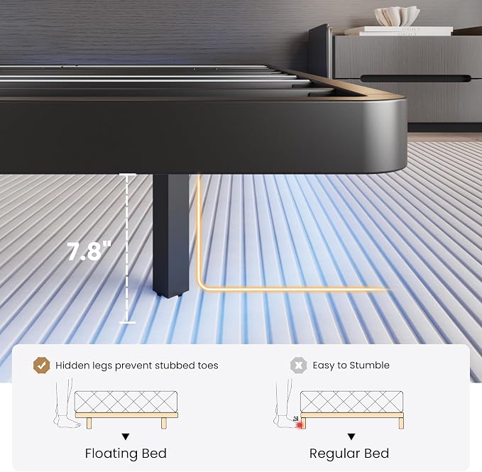 SHA CERLIN Full Size Floating Bed Frame with Smart LED Lights, Black | Modern Design Metal Platform Bed with Power Strip, No Box Spring Needed, Noise-Free, Easy Assembly