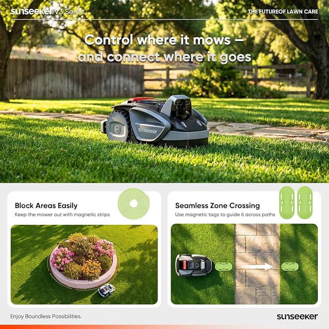 Sunseeker V3 Robot Lawn Mower, Vision AI, 0.15 Acre, Wire-Free | Easy routine mowing for first-time robot mower owners with small, simple yards and clear boundaries.