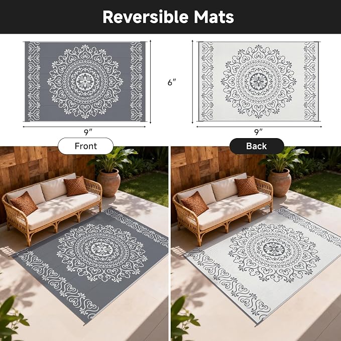Pauwer Outdoor Rug 6x9, Waterproof Plastic Straw Camping Rug, Floral Grey | Reversible Patio Rug, UV Resistant Indoor Outdoor RV Mat Carpet For Deck, Camper, Porch, Balcony, Backyard, Picnic, Foldable