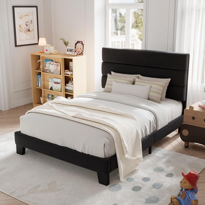 Allewie Twin Size Platform Bed Frame with Velvet Upholstered Headboard | Wooden Slats Support, Fully Upholstered Mattress Foundation, No Box Spring Needed, Easy Assembly, Noise-Free, Black