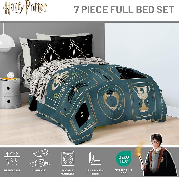 Harry Potter Full Comforter Set 7 Piece Soft Fantasy Bedding, Blue | Deathly Hallows, Bed in a Bag, Comforter Sheets Shams Pillowcases, Official Product, Soft Microfiber, Machine Washable, Gift