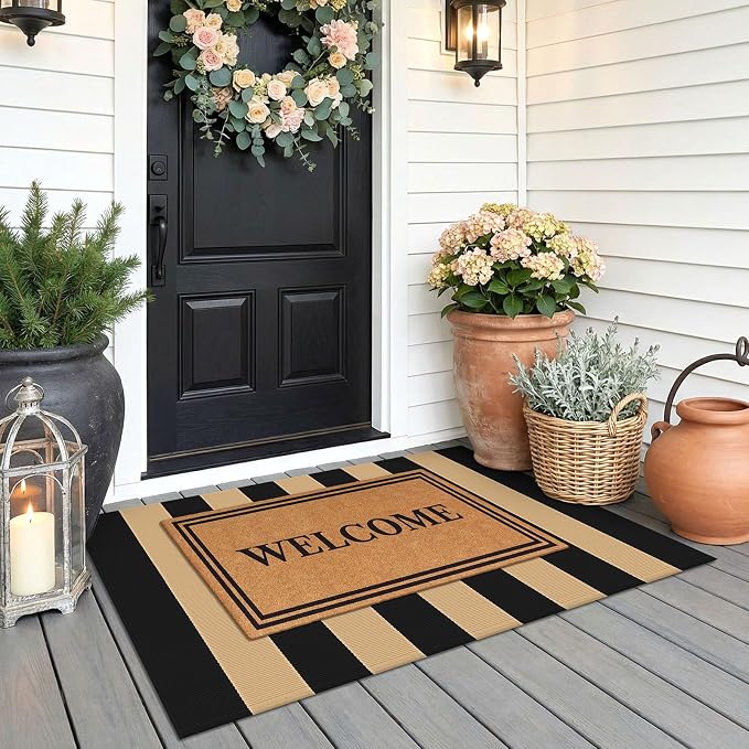 KOZYFLY Striped Rug 2.3x3.6 ft Front Door Mat Brown and Black Cotton Woven Washable Indoor Outdoor Rug for Entryway Porch Kitchen Patio Decor Small Area Rugs