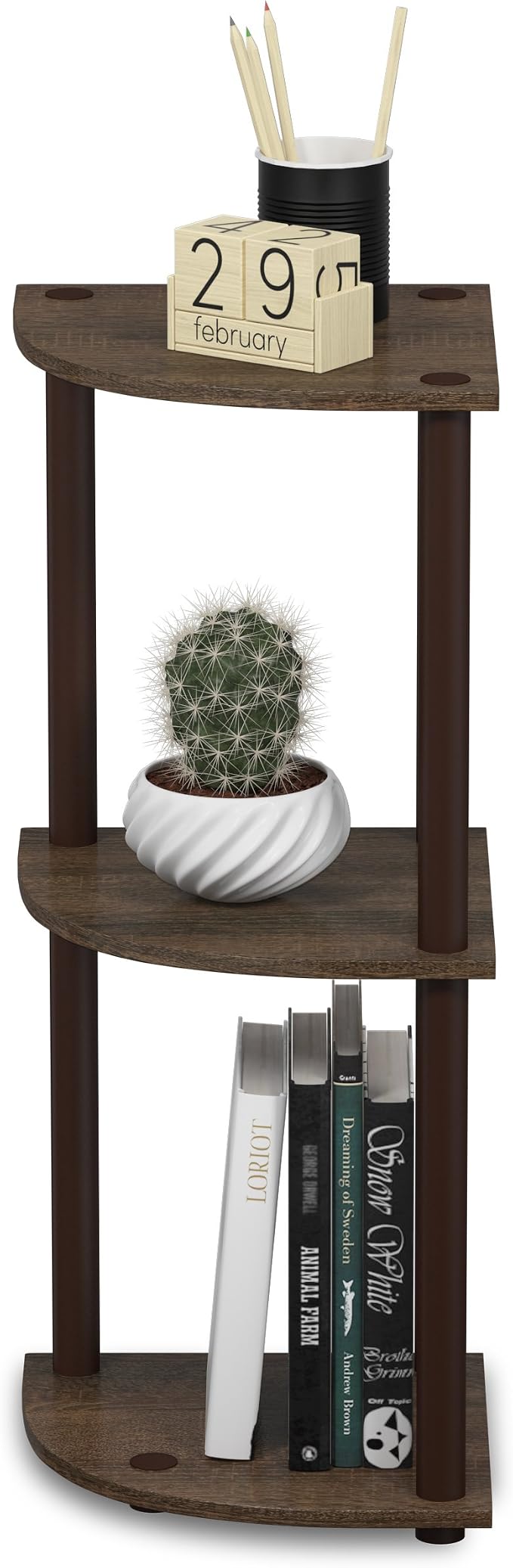 Furinno TURN-N-TUBE Corner Shelf, 3-Tier Corner Bookshelf, Display Storage Shelves, for Organization and Storage, Living Room, Home Office, Garage, Walnut