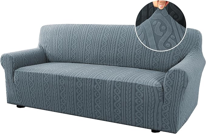 H.VERSAILTEX Stretch Sofa Slipcovers Soft Sofa Covers Washable 1 Piece Sofa Covers with Elastic Bottom for Kids,Dog Upgrade Thick Jacquard Fabric with Spiral Pattern(75"-85", Stone Blue)