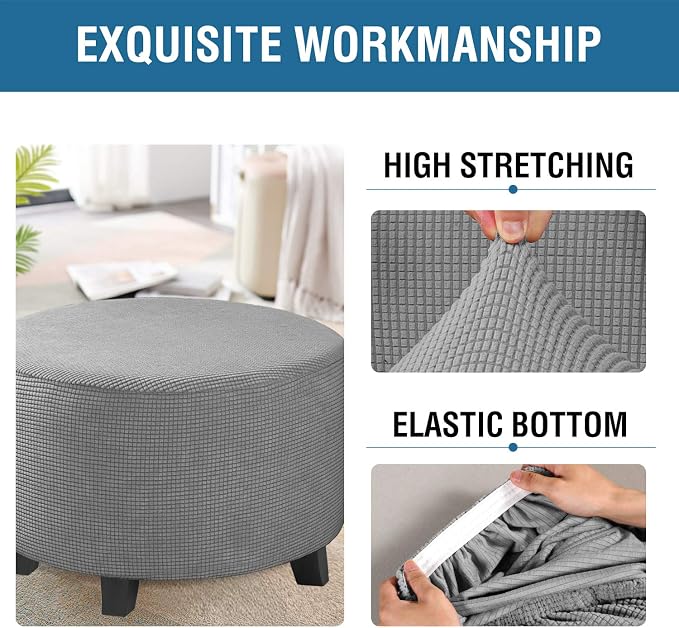 H.VERSAILTEX Ottoman Cover Stretch Ottoman Slipcover Round Ottoman Storage Cover Folding Stool Covers Furniture Protector Cover for Footrest Ottoman Fit Dia 30" - 41", Dove
