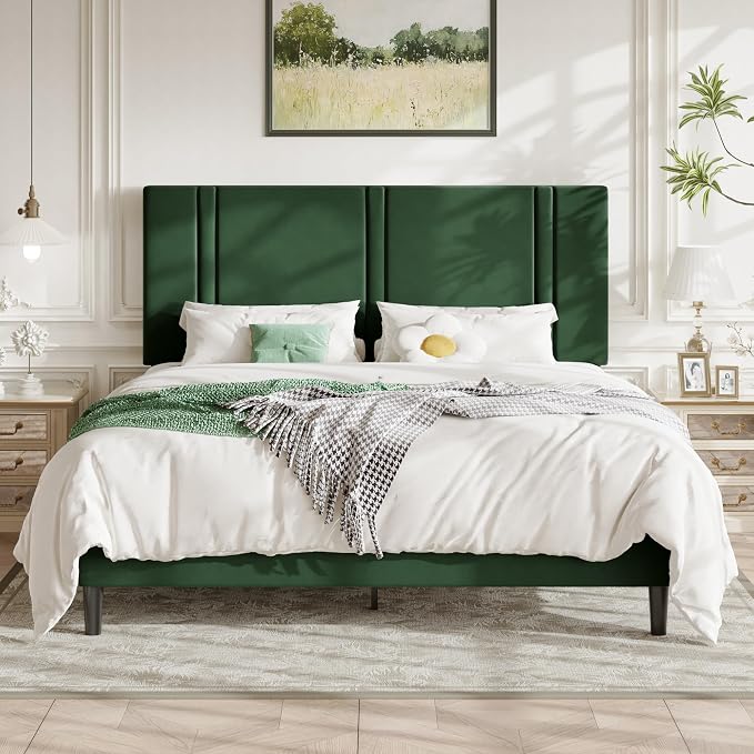 Allewie California King Size Platform Bed Frame with Adjustable Headboard | Plush Velvet Upholstered, Vertical Channel Tufted, Sturdy Wood Slats, No Box Spring Needed, Easy Assembly, Green