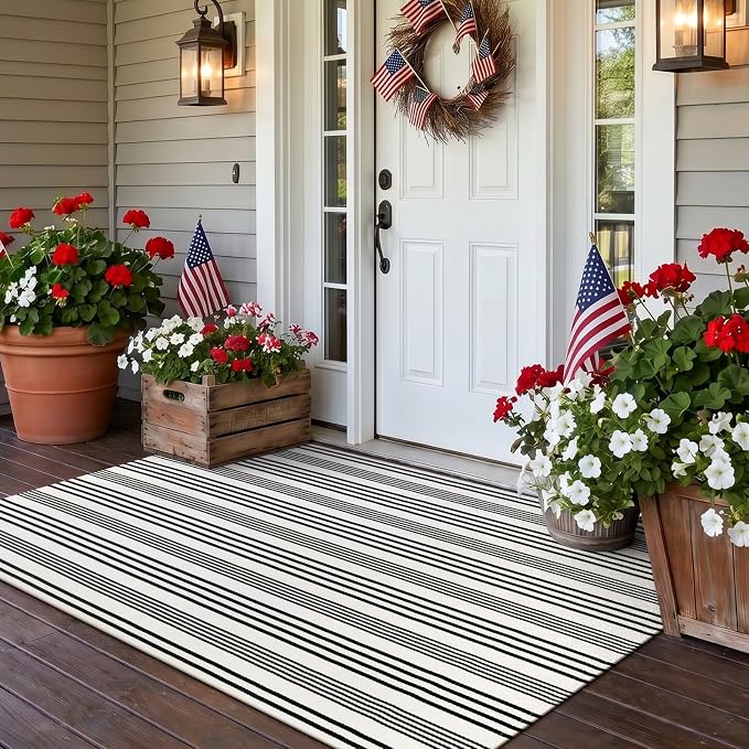 OJIA Black and White Outdoor Rug 3' x 5', Machine Washable Front Door Mats Outdoor, Cotton Hand-Woven Striped Porch Rug Entryway Rug Indoor/Outdoor Area Rug Floor Mat for Farmhouse/Living Room | Front Door Mats Outdoor Mat Cotton Woven Striped Porch Ru...