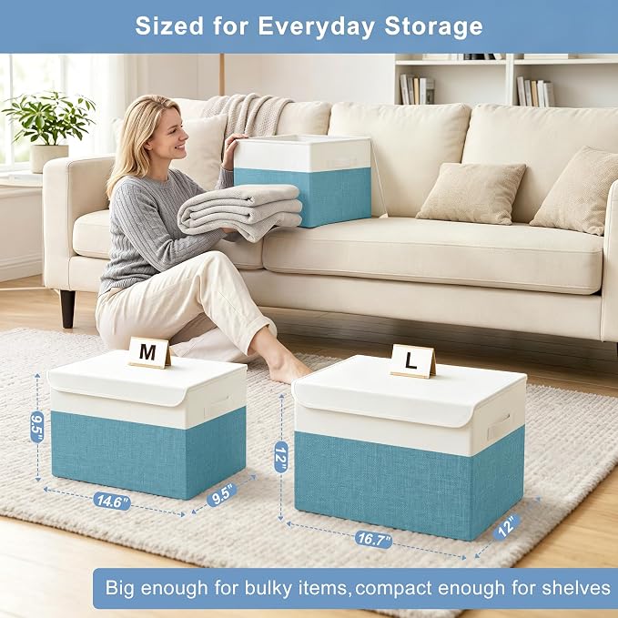 Bagnizer Large 22 Quart Linen Fabric Foldable Storage Bin Cube Organizer Basket with Flip-Top Lid & Handles, Clothes Blanket Box for Home, Office, Closet, Teal & White, 4 Pack 14.6 x 9.5 x 9.5