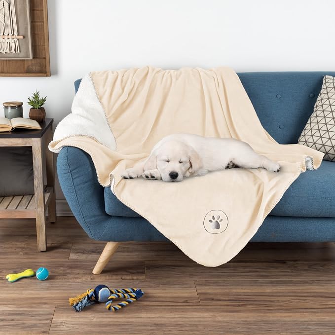 Waterproof Pet Blanket - 50x60-Inch Reversible Sherpa Fleece Throw Protects Couches, Cars, and Beds from Spills, Stains, and Fur by PETMAKER (Cream)